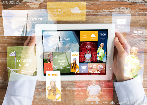 Image of close up of hands with news app on tablet pc