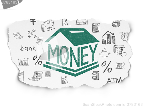 Image of Currency concept: Money Box on Torn Paper background