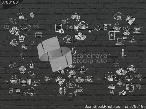 Image of Grunge background: Black Brick wall texture with Painted Hand Drawn Cloud Technology Icons