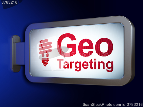 Image of Business concept: Geo Targeting and Energy Saving Lamp on billboard background
