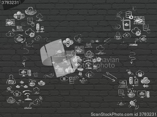 Image of Grunge background: Black Brick wall texture with Painted Hand Drawn Cloud Technology Icons