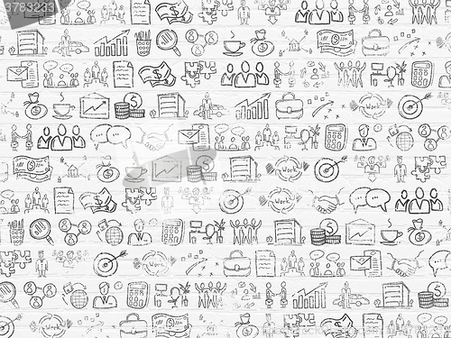 Image of Grunge background: White Brick wall texture with Painted Hand Drawn Business Icons