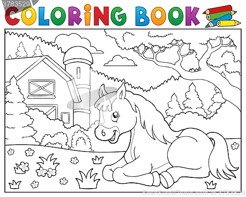 Image of Coloring book horse near farm theme 2