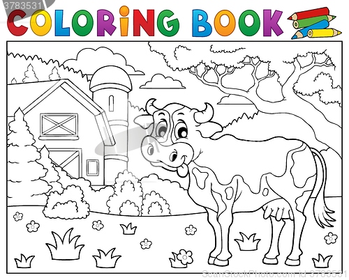 Image of Coloring book cow near farm theme 2