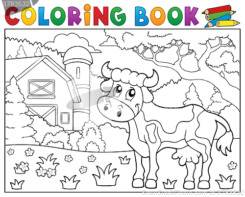 Image of Coloring book cow near farm theme 1