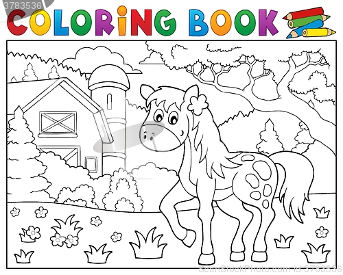 Image of Coloring book horse near farm theme 1