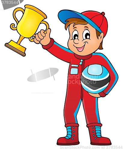 Image of Car racer holding trophy theme image 1