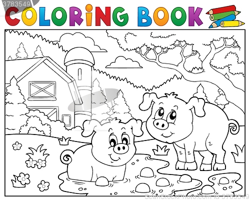 Image of Coloring book two pigs near farm