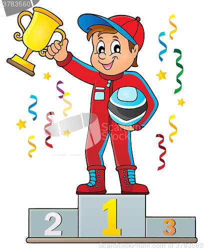 Image of Car racer holding trophy theme image 2