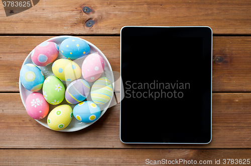 Image of close up of easter eggs and blank tablet pc