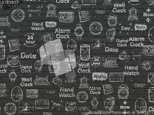 Image of Grunge background: Black Brick wall texture with  Hand Drawing Time Icons