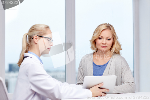 Image of doctor with tablet pc and ill woman at hospital