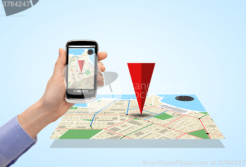 Image of close up of hand with smartphone gps navigator map