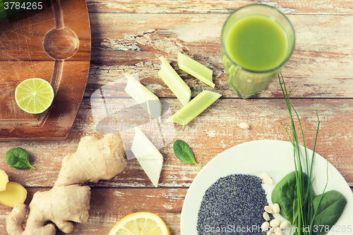 Image of close up of super food ingredients on wooden table