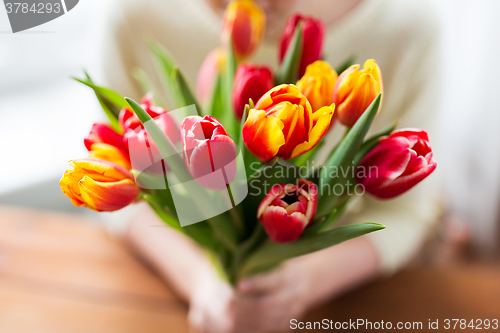 Image of close up of woman holding tulip flowers