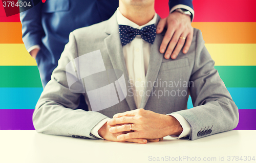 Image of close up of male gay couple with wedding rings on