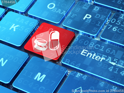 Image of Medicine concept: Pills on computer keyboard background
