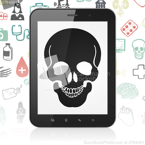 Image of Health concept: Tablet Computer with Scull on display