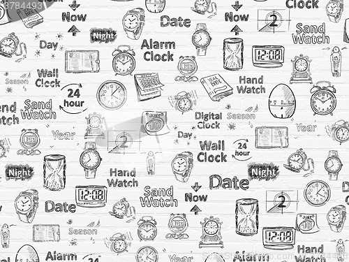 Image of Grunge background: White Brick wall texture with  Hand Drawing Time Icons