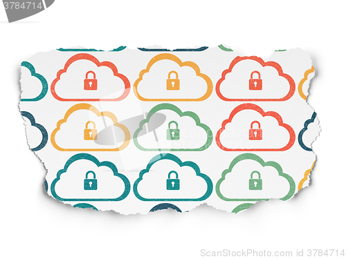 Image of Cloud computing concept: Cloud With Padlock icons on Torn Paper background