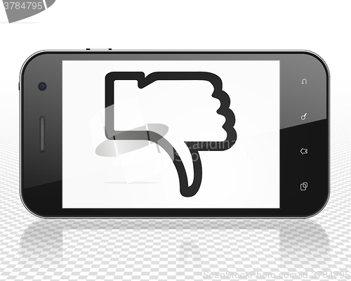 Image of Social media concept: Smartphone with Thumb Down on display