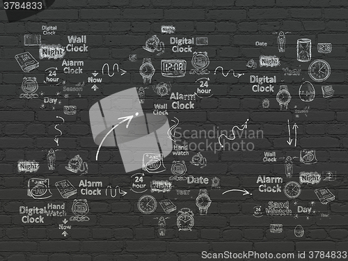 Image of Grunge background: Black Brick wall texture with  Hand Drawing Time Icons