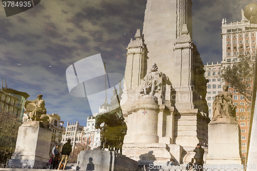 Image of  Don Quixote statue water reflection on Square of Spain in Madrid.