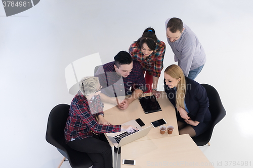 Image of aerial view of business people group on meeting