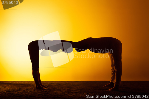 Image of Two people practicing yoga in the sunset light