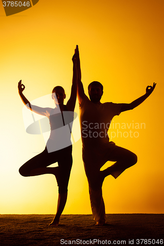 Image of Two people practicing yoga in the sunset light