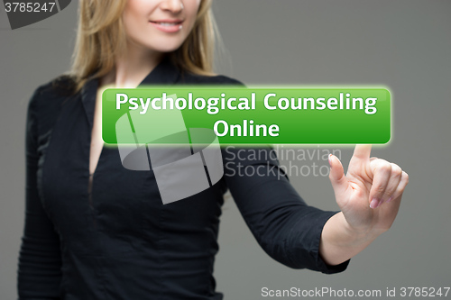 Image of Businesswoman presses button psychological counseling online on virtual screens. technology, internet and networking concept.