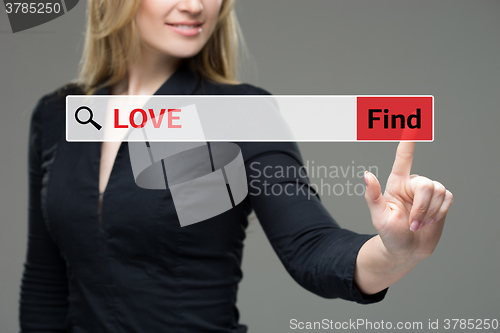 Image of Find Love word woman touching on red tab virtual screen for business concept