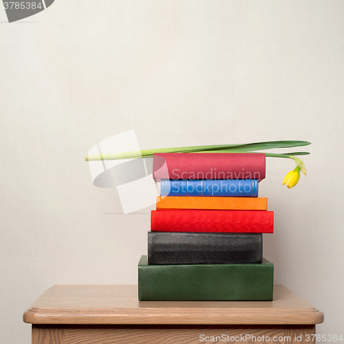 Image of stack of books and flower on the table