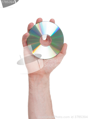 Image of Man hand with compact disc isolated