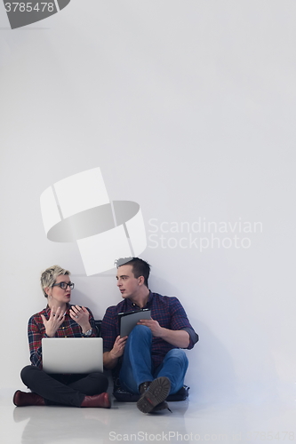 Image of startup business, couple working on laptop computer at office