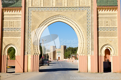 Image of morocco arch in africa old construction street  the blue sky