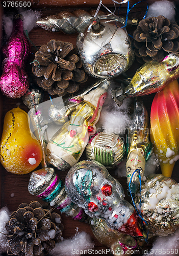 Image of Christmas old wooden box with toys