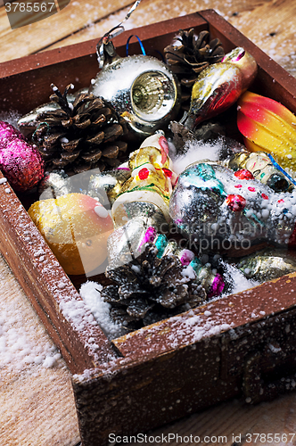 Image of Christmas old wooden box with toys