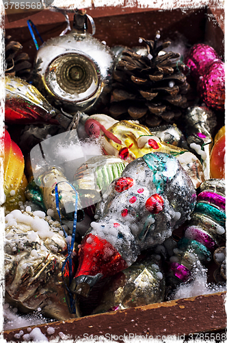 Image of Christmas old wooden box with toys