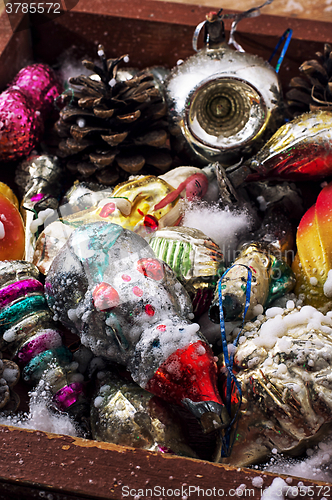 Image of Christmas old wooden box with toys