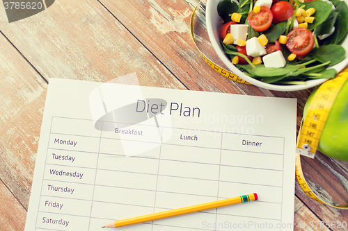 Image of close up of diet plan and food on table