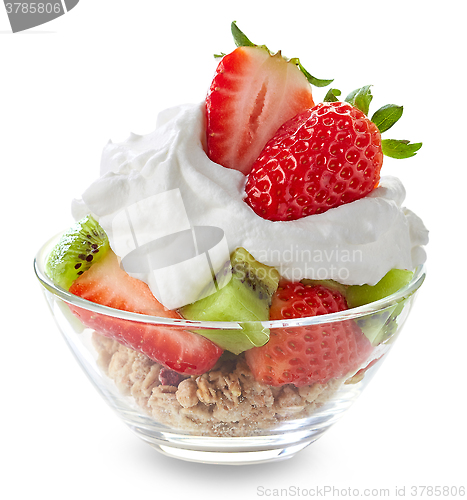 Image of dessert with fruits and whipped cream
