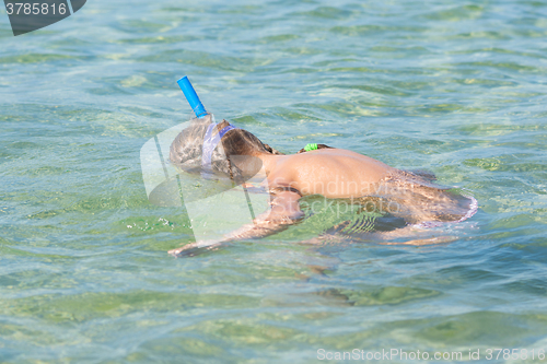 Image of Girl swimming under water with mask and snorkel