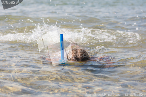 Image of Girl floats on the water with mask and snorkel