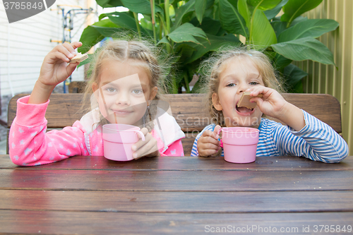 Image of Two girls at the breakfast on the veranda drinking tea with waffles