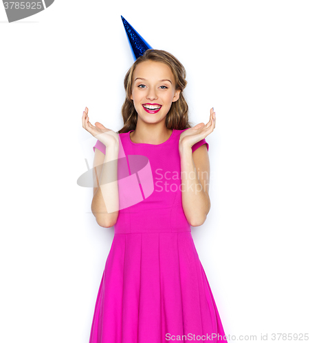 Image of happy young woman or teen girl in party cap