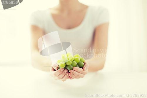 Image of close up of woman hands holding green grape bunch