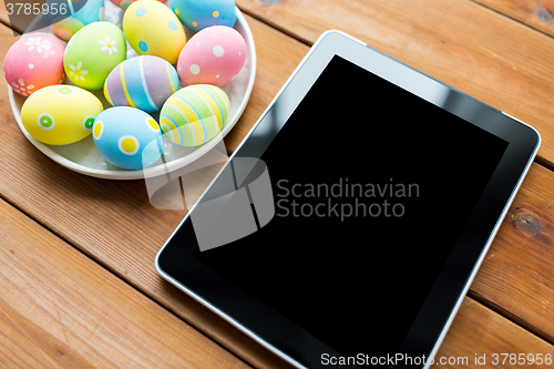 Image of close up of easter eggs and blank tablet pc