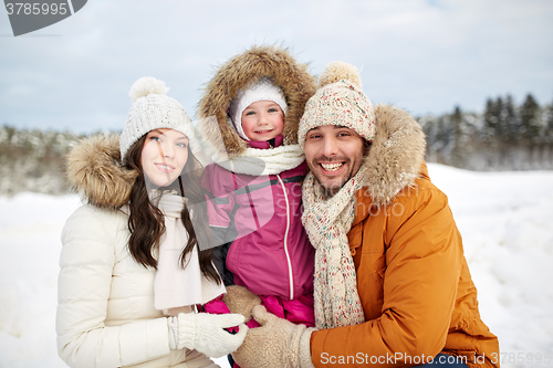 Image of happy family with child in winter clothes outdoors