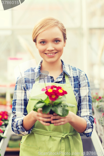 Image of happy woman holding flowers in greenhouse